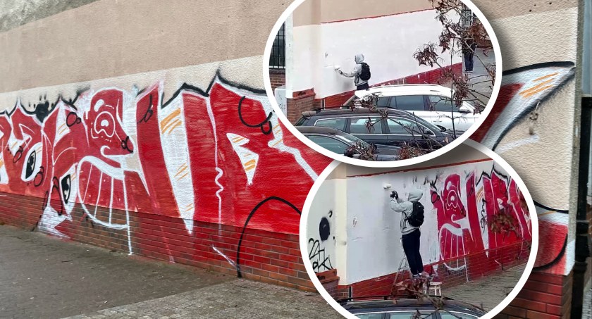 Zdjęcie: Najpierw było graffiti, później zamalowywanie / fot. Temat; Straż Miejska w Szczecinku