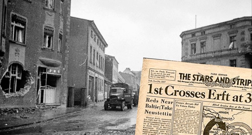 zdjęcie: Luty 1945. Skrzyżowanie dz. A. Krajowej z ul. Wyszyńskiego. Na jedynce armijnej gazety USA „Stars and Stripes” z 1 marca 1945 roku znalazła się informacja ze... Szczecinka.