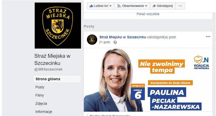 Straż Miejska w Szczecinku prowadzi agitację wyborczą na swoim Facebooku?